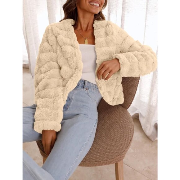 Women's Faux Fur Coats Fleece Cropped Jacket Long Sleeve Shaggy Warm Beige - Picture 5 of 5